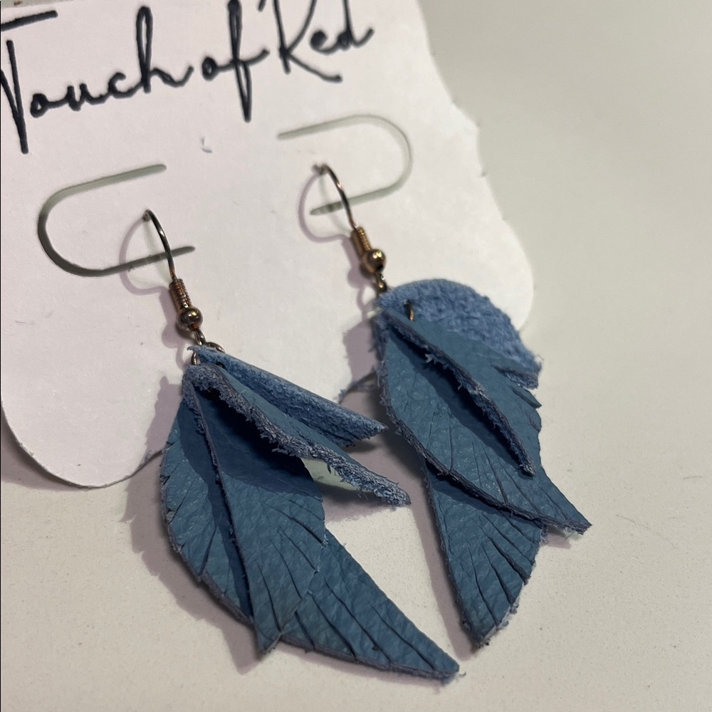 Touch of Red Blue Leather Feather Dangle Earrings #boho #bohemian #indie